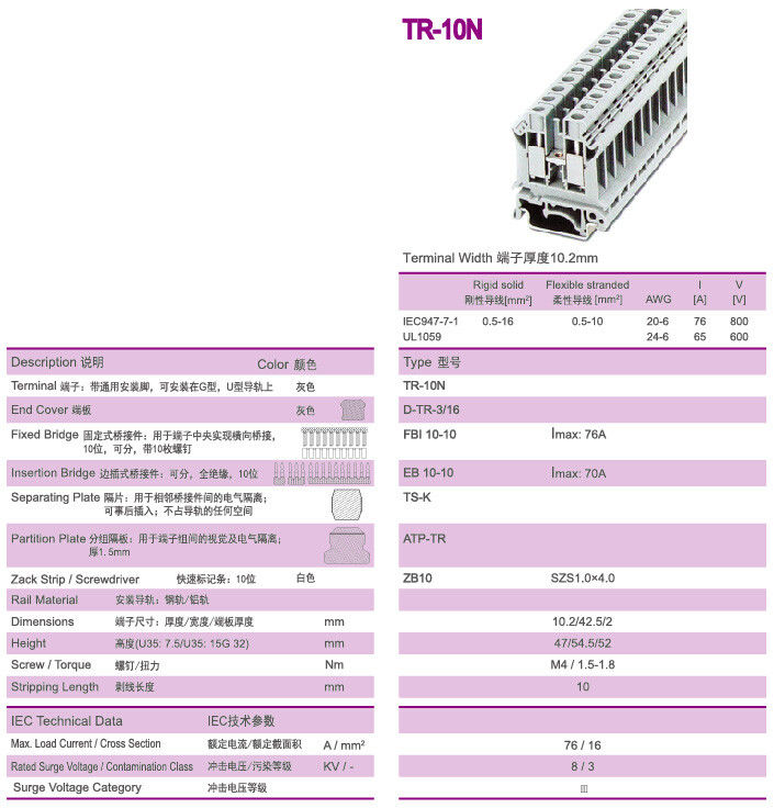45 μοίρες Wire Inlet Din Rail Terminal Blocks για την παροχή ενέργειας