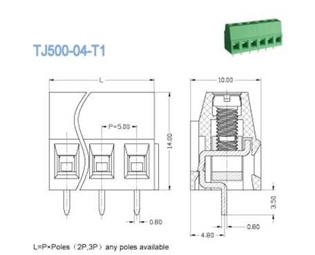 5.0mm πράσινος PA66 ορείχαλκος συνδετήρων φραγμών PCB τελικός 10A 300V 2-28 Πολωνοί