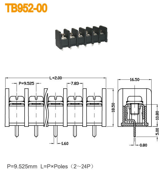 UL94-V0 τελικοί φραγμοί 20A PCB ορείχαλκου μαύροι/βίδα 9.525mm 300V M4 πίσσα
