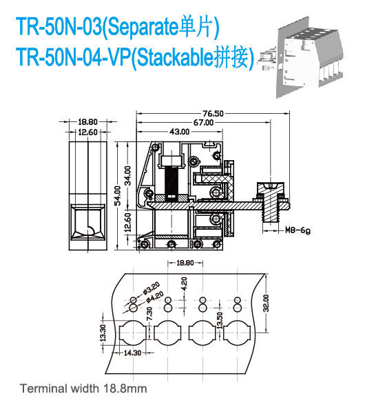 M6 Screw 150A Τροφοδοσία μέσω τερματικών μπλοκ 600V 6-1/0 AWG 18,8mm Πλάτος
