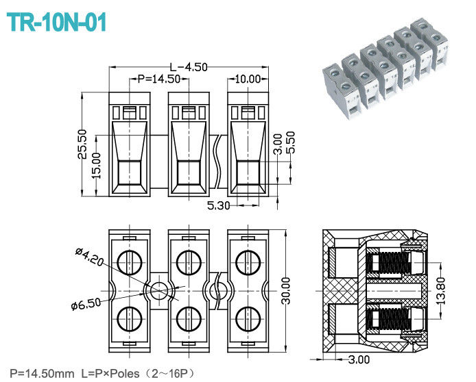 Πίσσα 14.5mm τελικός φραγμός 2-16 Πολωνοί 600V 65A PA66 συνδετήρων