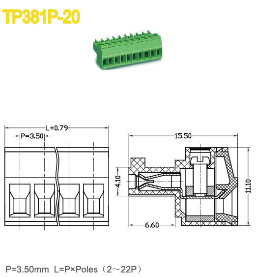 2-22 θηλυκός Pluggable συνδετήρας 3.5mm πίσσα 300V 8A PA66 τελικών φραγμών Πολωνών