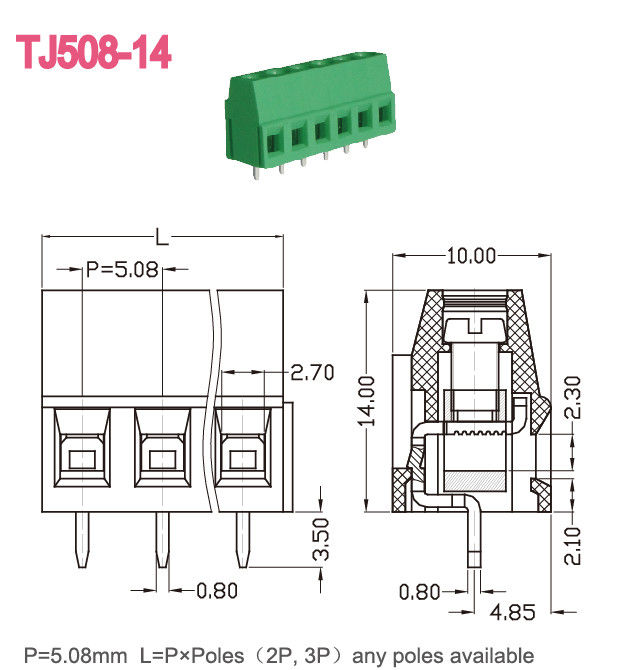 τα PCB πισσών 5.08mm βιδώνουν το πράσινο χρώμα τελικών φραγμών 300V 10A μ3 2-24 Πολωνοί