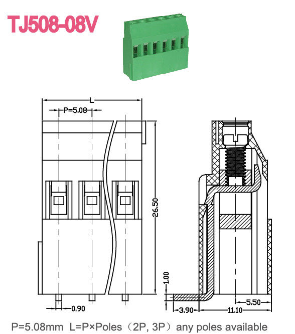 Ευρο- τύπων PCB βιδών πράσινος 5.08mm τύπων ορείχαλκος πισσών τελικών φραγμών 300V 15A