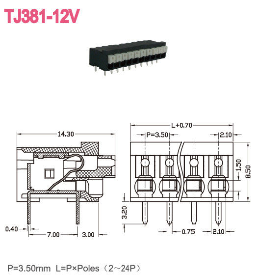 τελικός φραγμός 3.5mm ορείχαλκος 300V 2-28 Πολωνοί LCP UL94-V0 ανοίξεων 10A Screwless πισσών