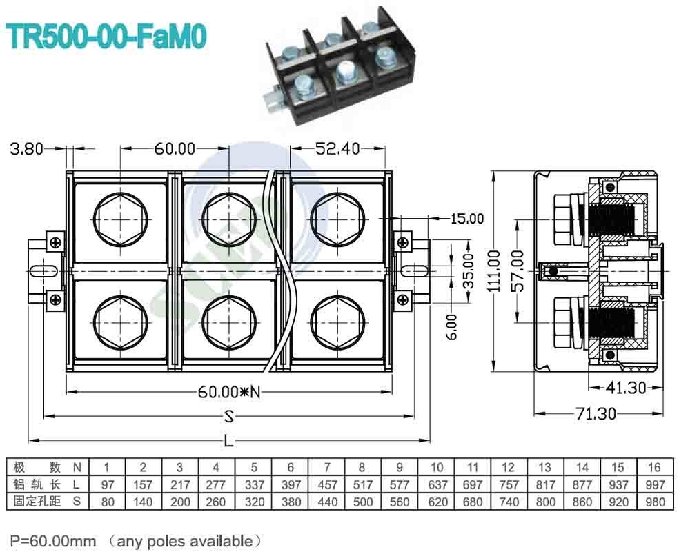 60.00mm 600V PC UL94 M16 Τερματικά μπλοκ για βιομηχανικό έλεγχο