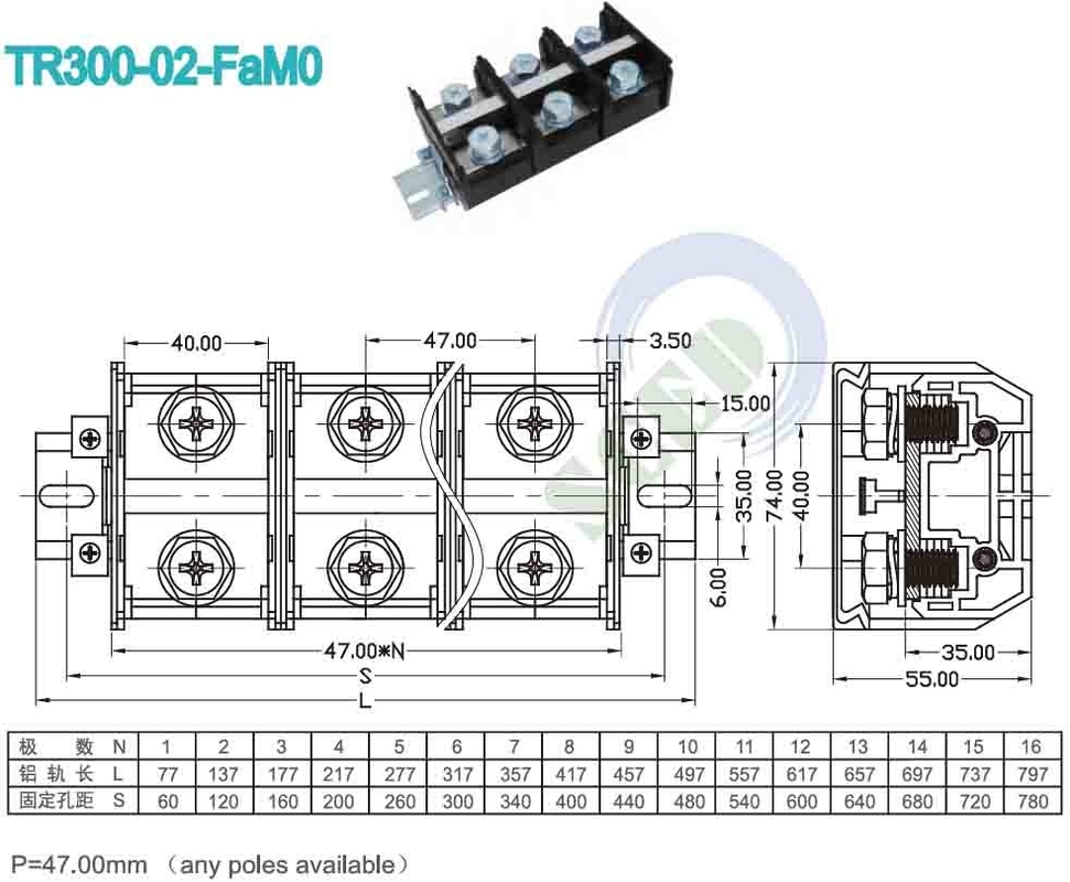 Πίνακας PCB τοποθέτηση Τερματικό μπλοκ 47.00mm 600V 300A PC μαύρο βίδα τερματικό σύνδεσμο