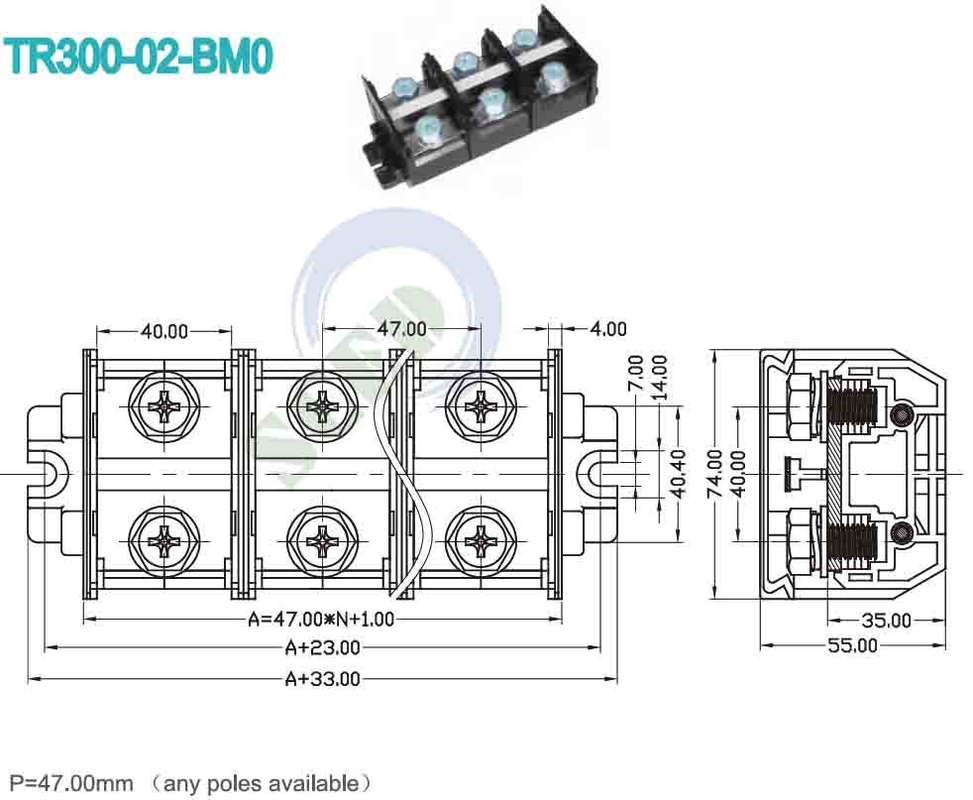 300A Σιδηροδρομικό τερματικό μπλοκ 47.0mm 600V Μαύρο υλικό PC