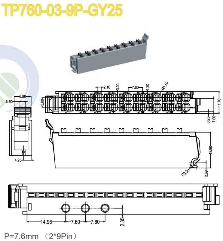 Γυναικείο συνδετήρα τερματικού μπλοκ 7.6mm Στροφή 150V 8A 2*9 πόλοι PA66