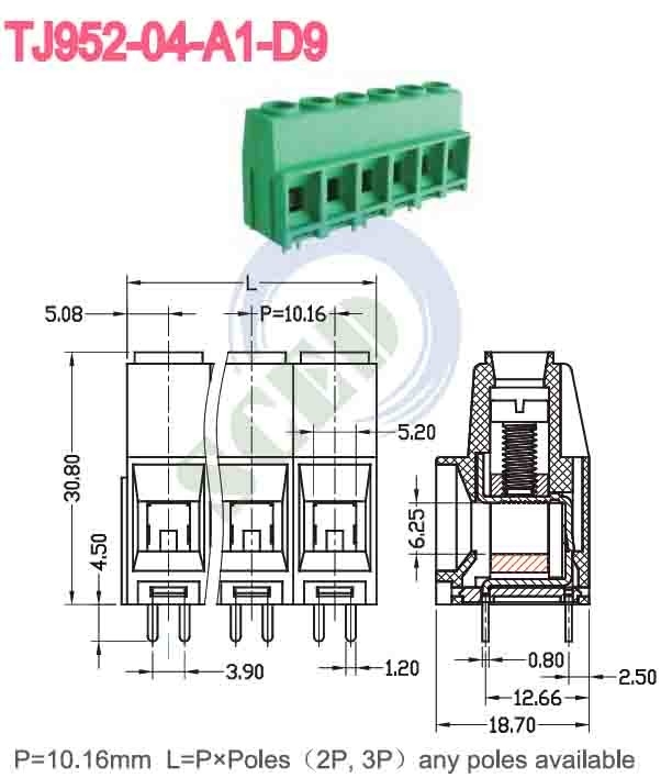 10.16mm 57A Τερματικό μπλοκ PCB πράσινο μπρούντζι PA66 νικελωμένο