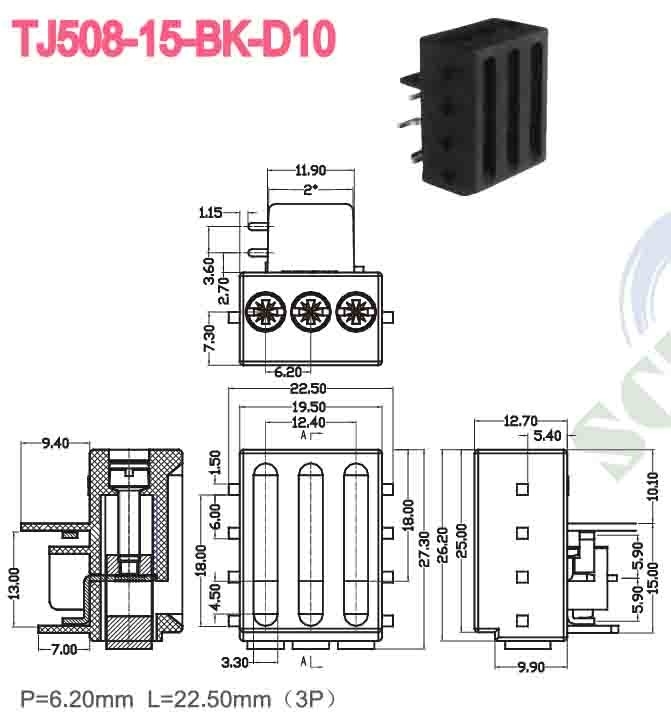 300V 15A 6.2mm σύνδεσμος τερματικού μπλοκ για PCB με M3 βίδα και κασσίτερο