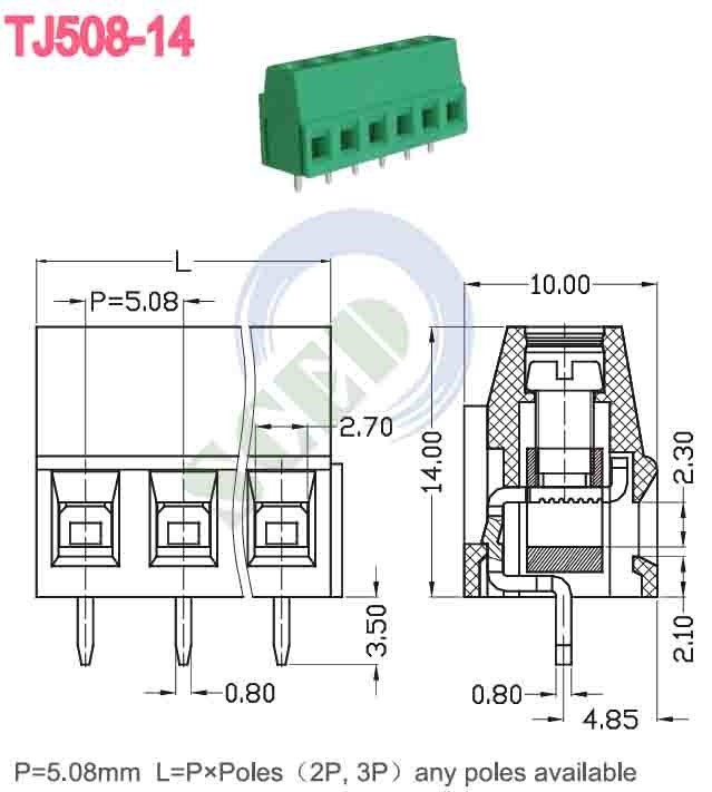 Πράσινο 5.08mm 300V 10A PA66 Τερματικό μπλοκ PCB Euro Type Για αυτόματο έλεγχο