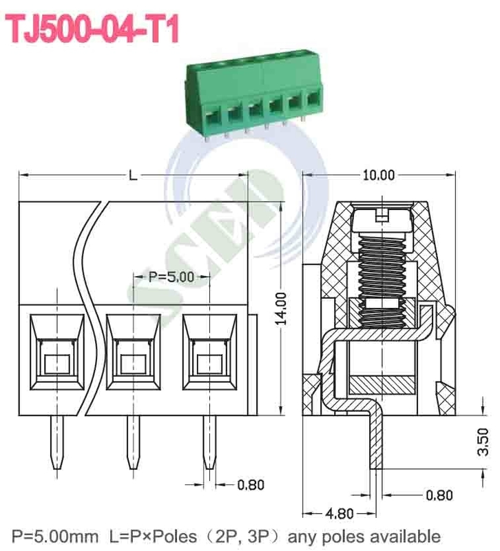 300V 10A M3 Στροφή 12-26 AWG Συνδέτης Τερματικού Μπλοκ PA66 Μόνωση Πράσινο 5,08mm διαφορά