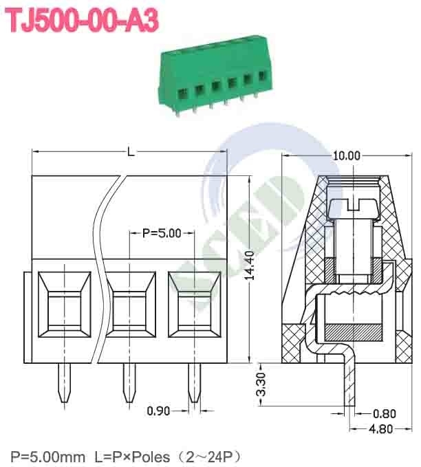 Πύργο 5 χιλιοστών 300v Τερματικό μπλοκ PCB 10A 2P-24P Δικαίος γωνία