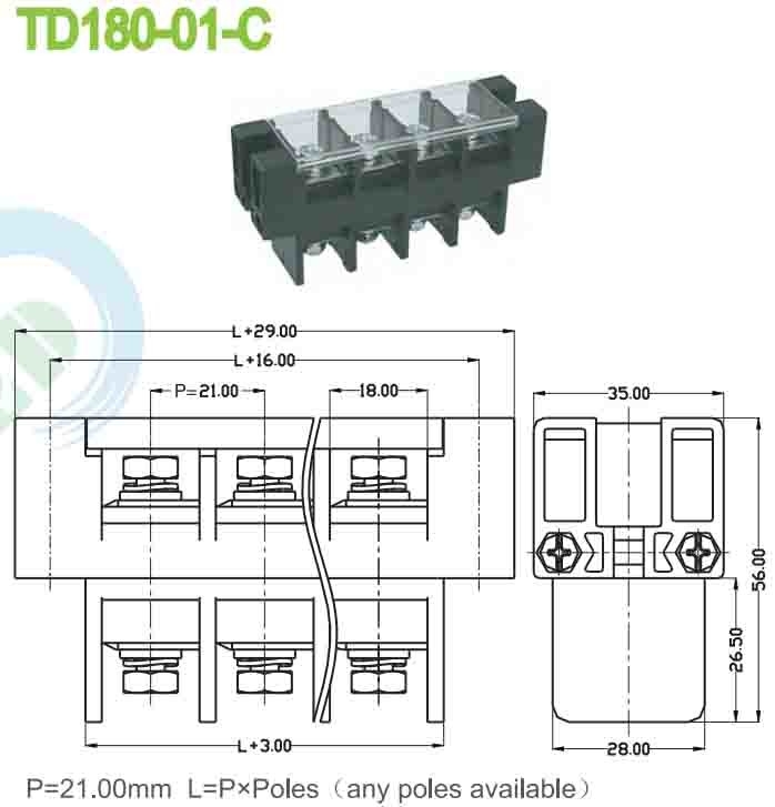21.00mm PBT τροφοδοσία μέσω 180A πίνακα Mount Perforation Τερματικό μπλοκ με πλαστικό κάλυμμα