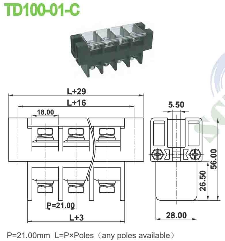 101Α 21.0mm PBT διάτρηση 600V τροφοδοσία μέσω τερματικού μπλοκ με πλαστικό κάλυμμα