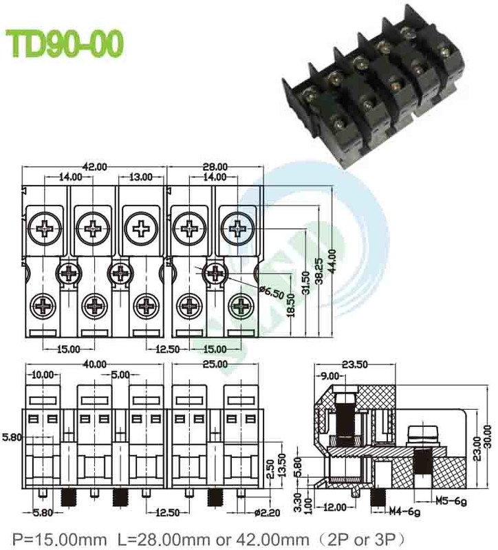 Τροφοδοσία μέσω 90A 600V PA66 M5 Τερματικό μπλοκ διάτρησης 15.00mm 4-20 AWG